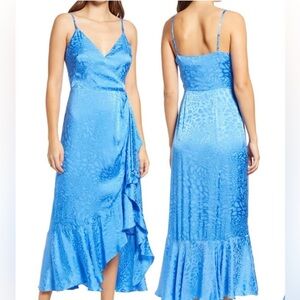 Adelyn Rae Bright Blue Midi Asymmetrical Faux Wrap Leopard Print Dress Small